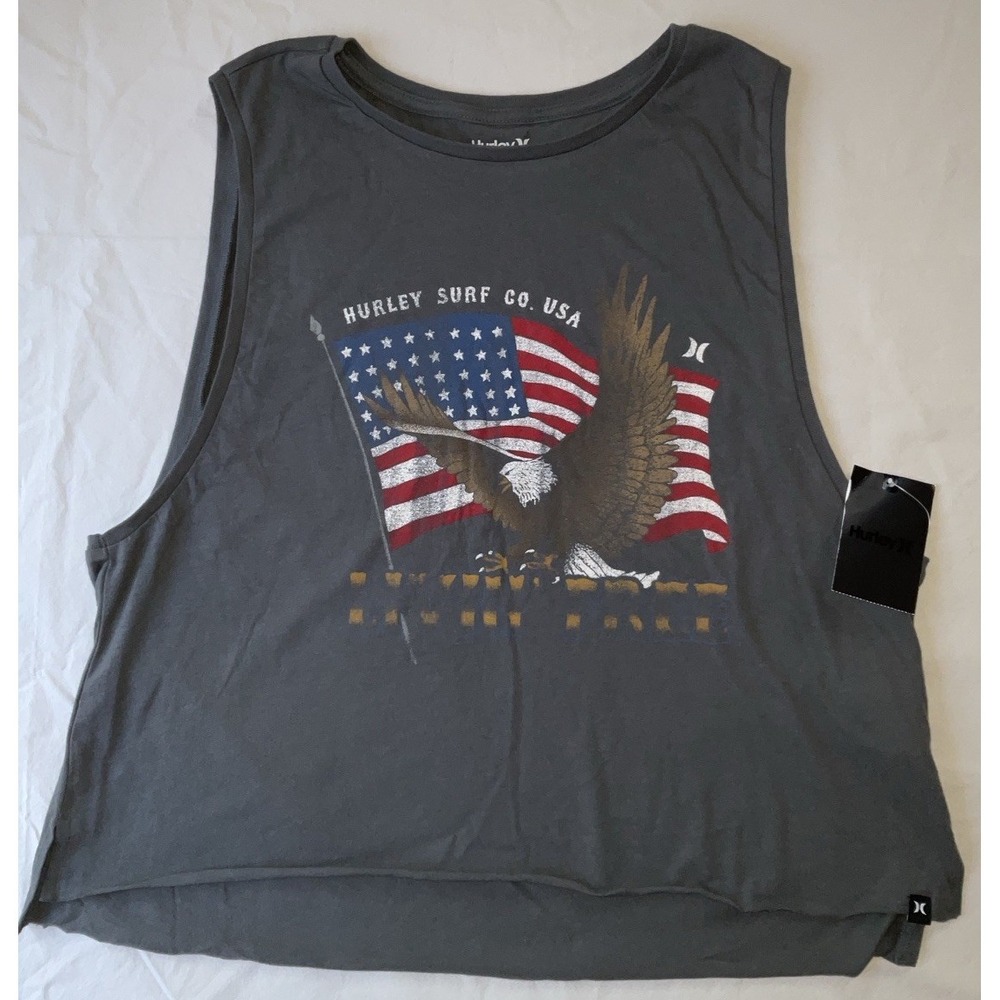 NWT Women's Hurley‎ Surf Co. USA Eagle Rider Cut Off Crop Tank Top Gray - Large